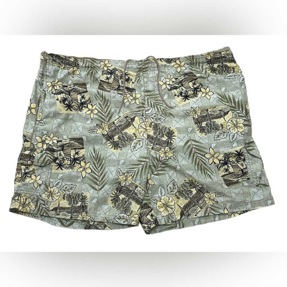 Sand N Sun Drawstring Swim Trunk Shorts Floral Green Men’s Casual XL 40/42 Aloha